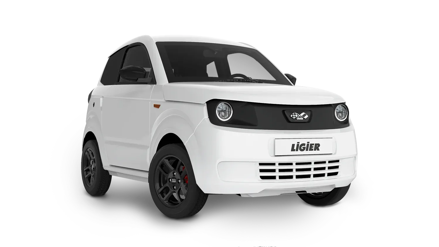 Ligier Myli MAX blanche vue de trois quarts avant, jantes noires