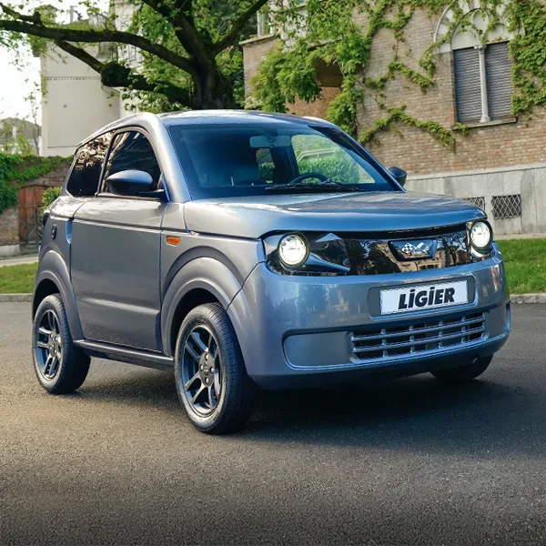 Ligier Myli MAX grise vue de trois quarts avant, garée dans une rue